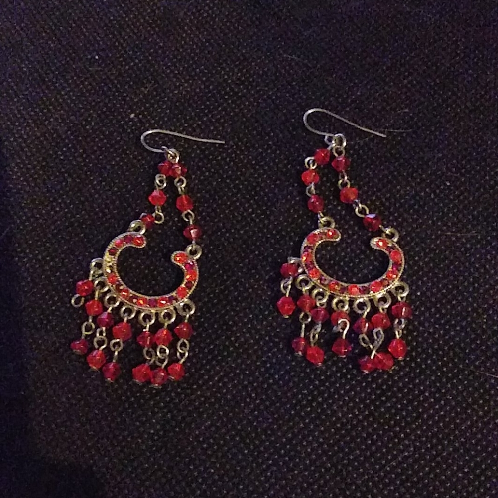 2" Vintage Gold w/Red Rhinestones Earrings